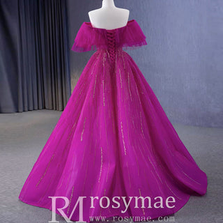 Sparkly Off the Shoulder Evening Dress Puffy Ball Gown Long Prom Dress - Rosymae