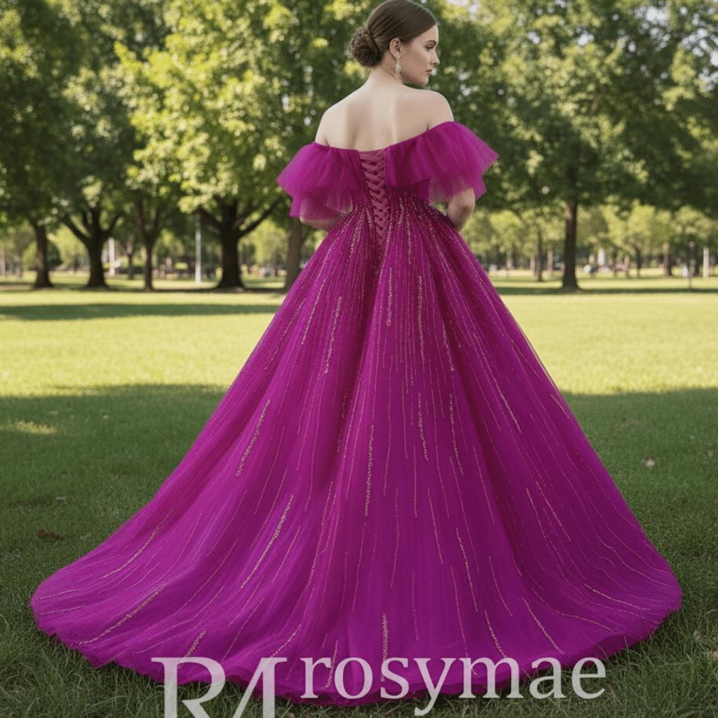 Sparkly Off the Shoulder Evening Dress Puffy Ball Gown Long Prom Dress - Rosymae