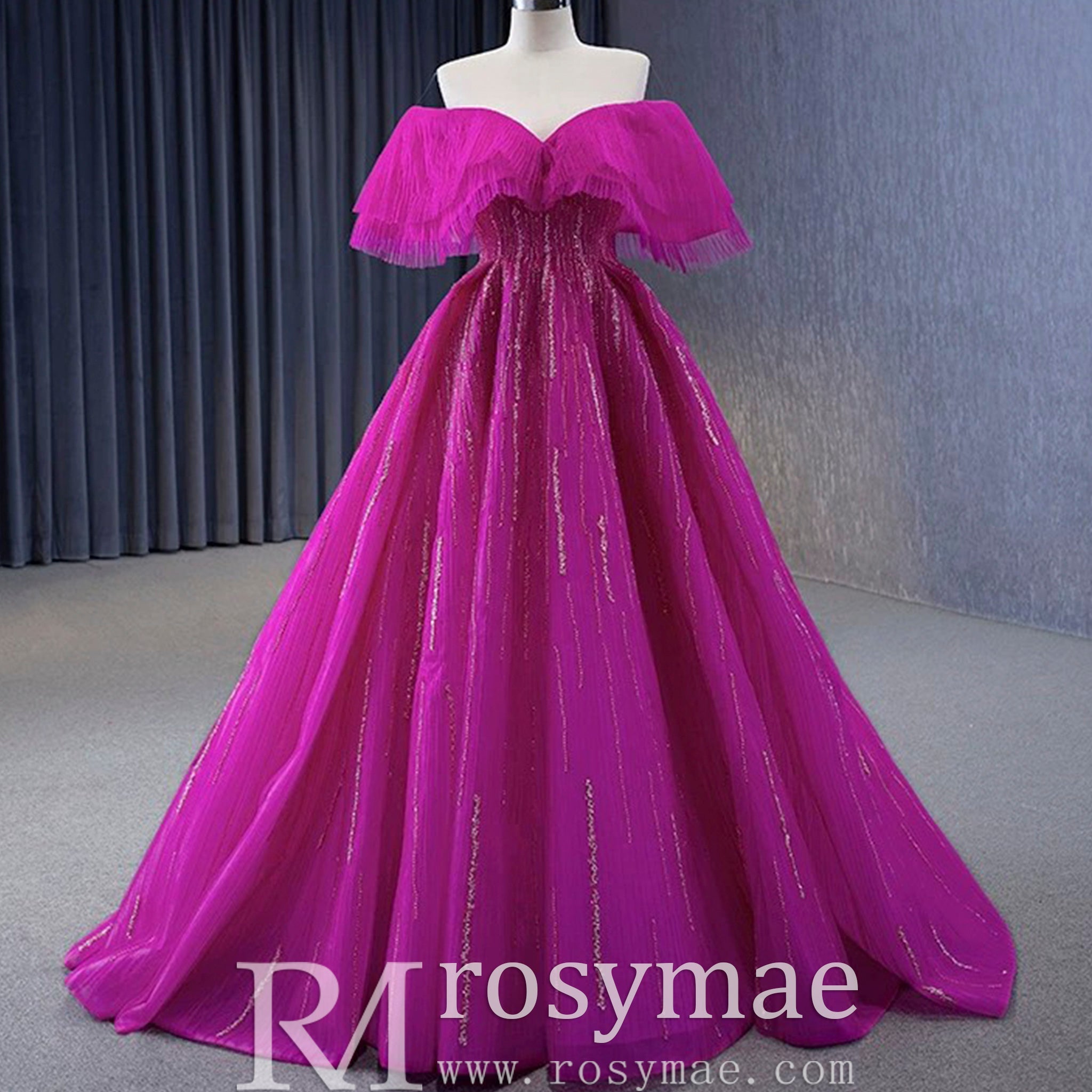 Sparkly Off the Shoulder Evening Dress Puffy Ball Gown Long Prom Dress - Rosymae