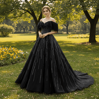 Sparkly Off the Shoulder Evening Dress Puffy Ball Gown Long Prom Dress - Rosymae