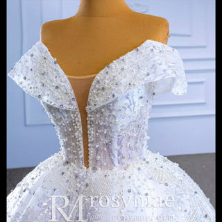 Sparkly Off-the-Shoulder Organza Ball Gown Wedding Dress - Rosymae
