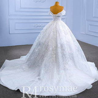Sparkly Off-the-Shoulder Organza Ball Gown Wedding Dress - Rosymae