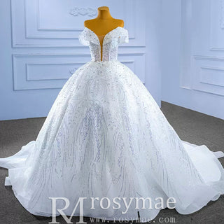 Sparkly Off-the-Shoulder Organza Ball Gown Wedding Dress - Rosymae