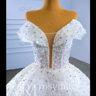 Sparkly Off-the-Shoulder Organza Ball Gown Wedding Dress - Rosymae
