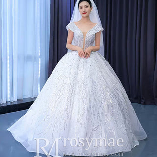 Sparkly Off-the-Shoulder Organza Ball Gown Wedding Dress - Rosymae