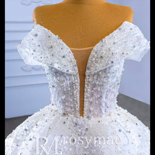 Sparkly Off-the-Shoulder Organza Ball Gown Wedding Dress - Rosymae