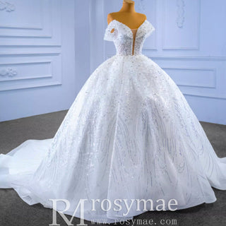 Sparkly Off-the-Shoulder Organza Ball Gown Wedding Dress - Rosymae