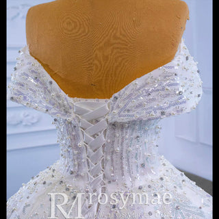 Sparkly Off-the-Shoulder Organza Ball Gown Wedding Dress - Rosymae