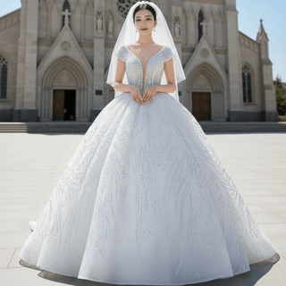 Sparkly Off-the-Shoulder Organza Ball Gown Wedding Dress - Rosymae