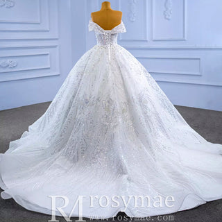Sparkly Off-the-Shoulder Organza Ball Gown Wedding Dress - Rosymae