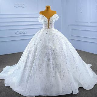 Sparkly Off-the-Shoulder Organza Ball Gown Wedding Dress - Rosymae