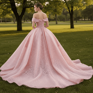 Sparkly Pink Quinceanera Dress Formal Gown with Off the Shoulder - Rosymae