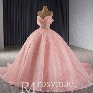 Sparkly Pink Quinceanera Dress Formal Gown with Off the Shoulder - Rosymae