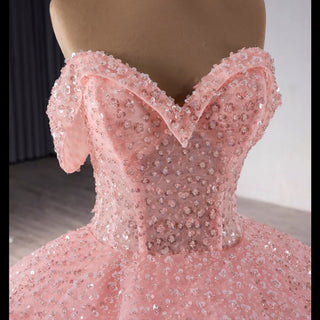 Sparkly Pink Quinceanera Dress Formal Gown with Off the Shoulder - Rosymae