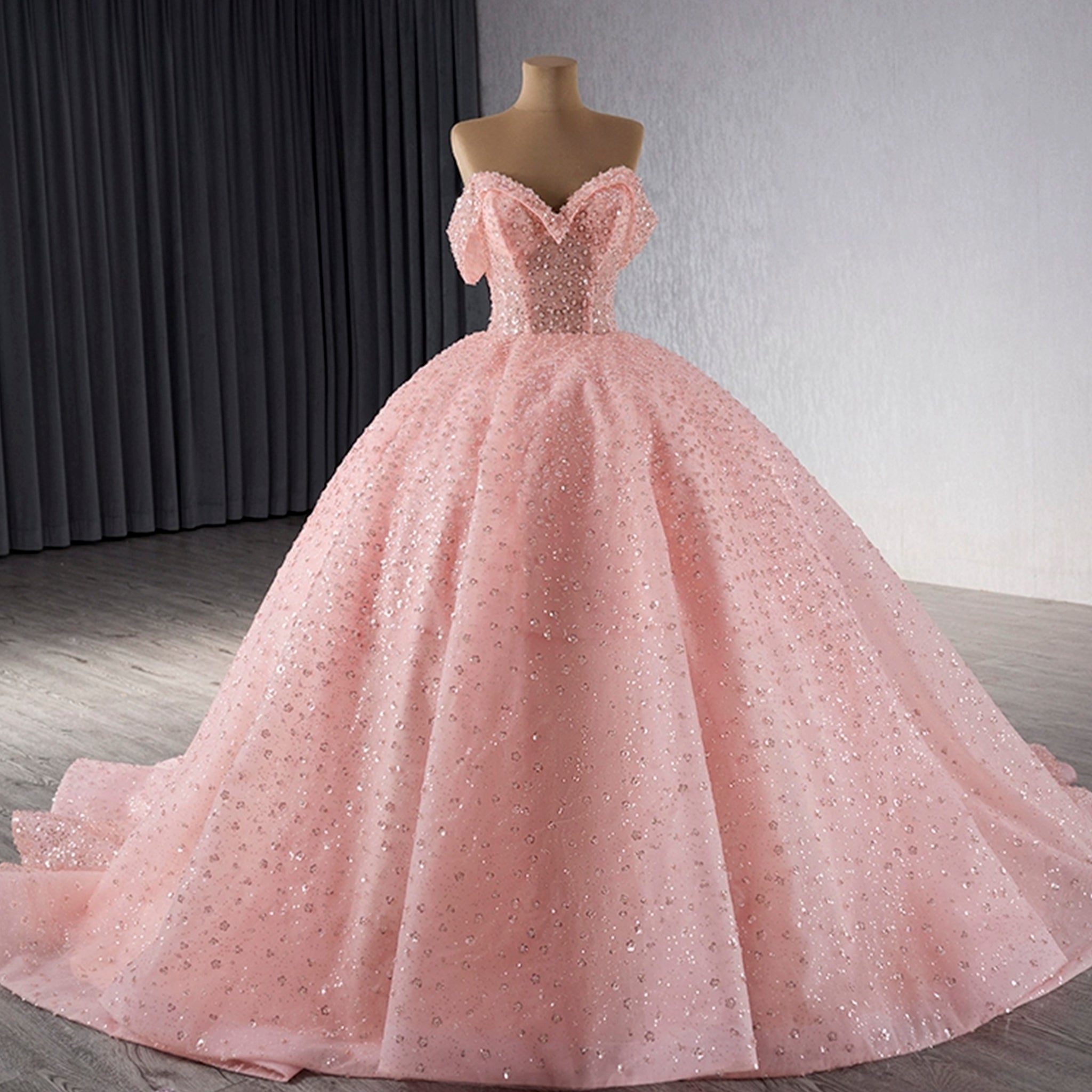 Sparkly Pink Quinceanera Dress Formal Gown with Off the Shoulder - Rosymae