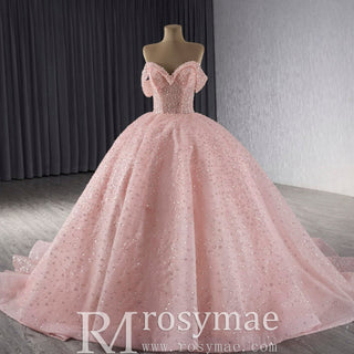Sparkly Pink Quinceanera Dress Formal Gown with Off the Shoulder - Rosymae