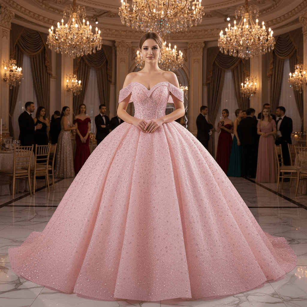 Sparkly Pink Quinceanera Dress Formal Gown with Off the Shoulder - Rosymae