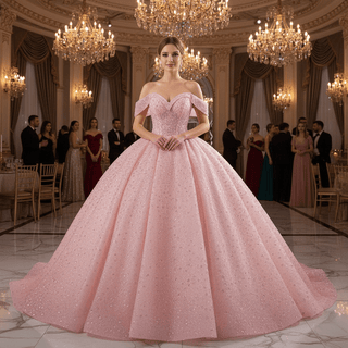 Sparkly Pink Quinceanera Dress Formal Gown with Off the Shoulder - Rosymae