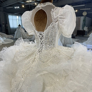 Sparkly Puffy Ball Gown Short Sleeve Wedding Dress with Keyhole - Rosymae