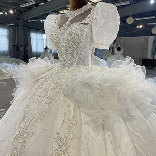 Sparkly Puffy Ball Gown Short Sleeve Wedding Dress with Keyhole - Rosymae