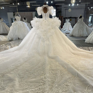 Sparkly Puffy Ball Gown Short Sleeve Wedding Dress with Keyhole - Rosymae