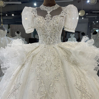 Sparkly Puffy Ball Gown Short Sleeve Wedding Dress with Keyhole - Rosymae
