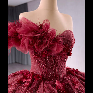 Sparkly Puffy Skirt Ball Gown Quinceanera Dress with 3D Flowers - Rosymae