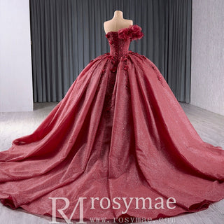 Sparkly Puffy Skirt Ball Gown Quinceanera Dress with 3D Flowers - Rosymae
