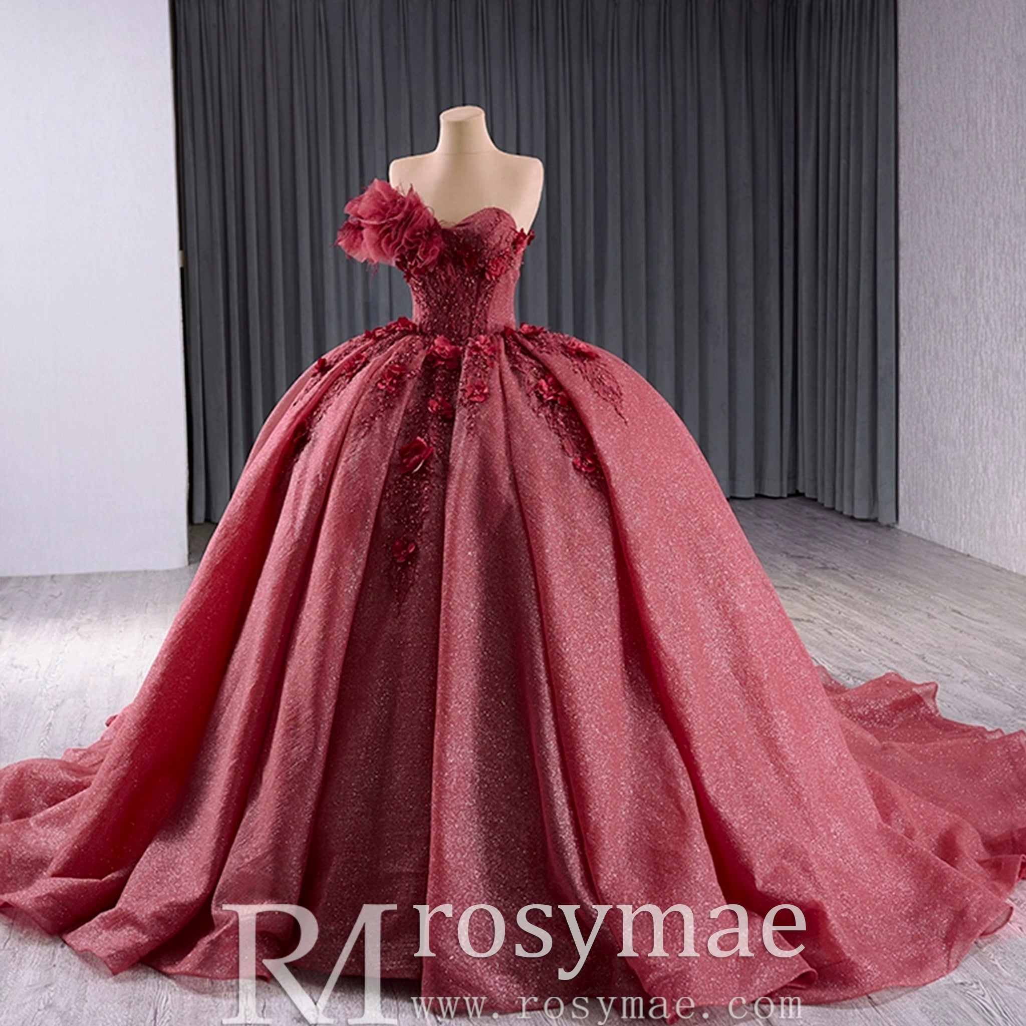 Sparkly Puffy Skirt Ball Gown Quinceanera Dress with 3D Flowers - Rosymae