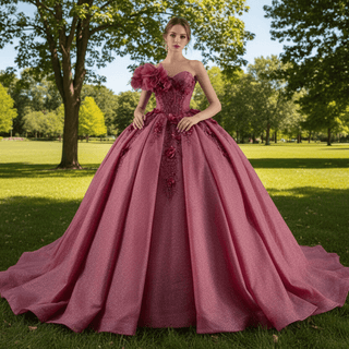 Sparkly Puffy Skirt Ball Gown Quinceanera Dress with 3D Flowers - Rosymae