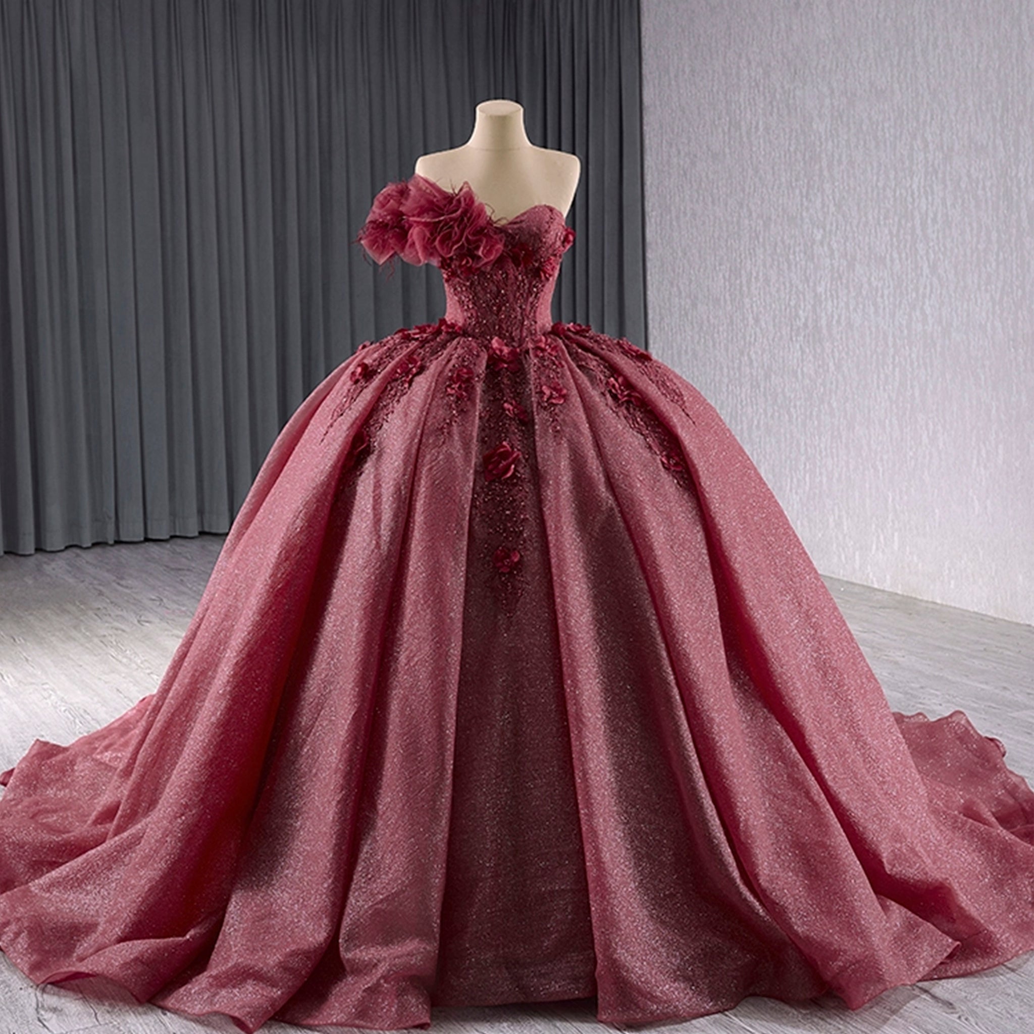 Sparkly Puffy Skirt Ball Gown Quinceanera Dress with 3D Flowers - Rosymae