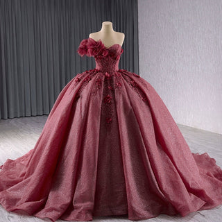 Sparkly Puffy Skirt Ball Gown Quinceanera Dress with 3D Flowers - Rosymae