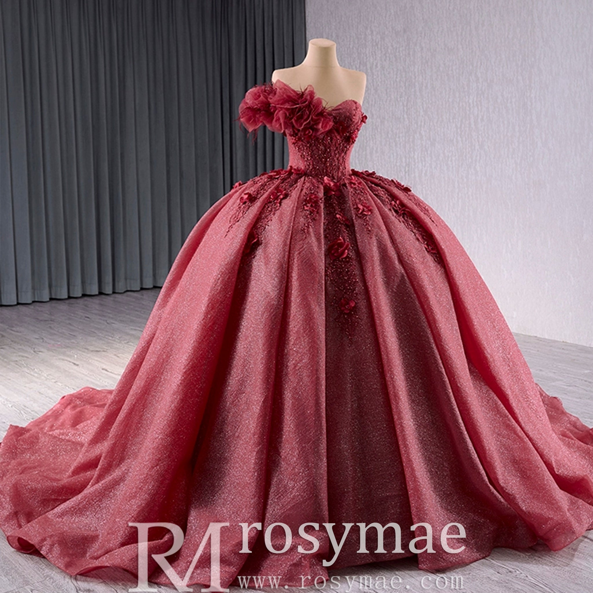 Sparkly Puffy Skirt Ball Gown Quinceanera Dress with 3D Flowers - Rosymae