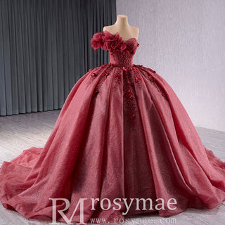 Sparkly Puffy Skirt Ball Gown Quinceanera Dress with 3D Flowers - Rosymae