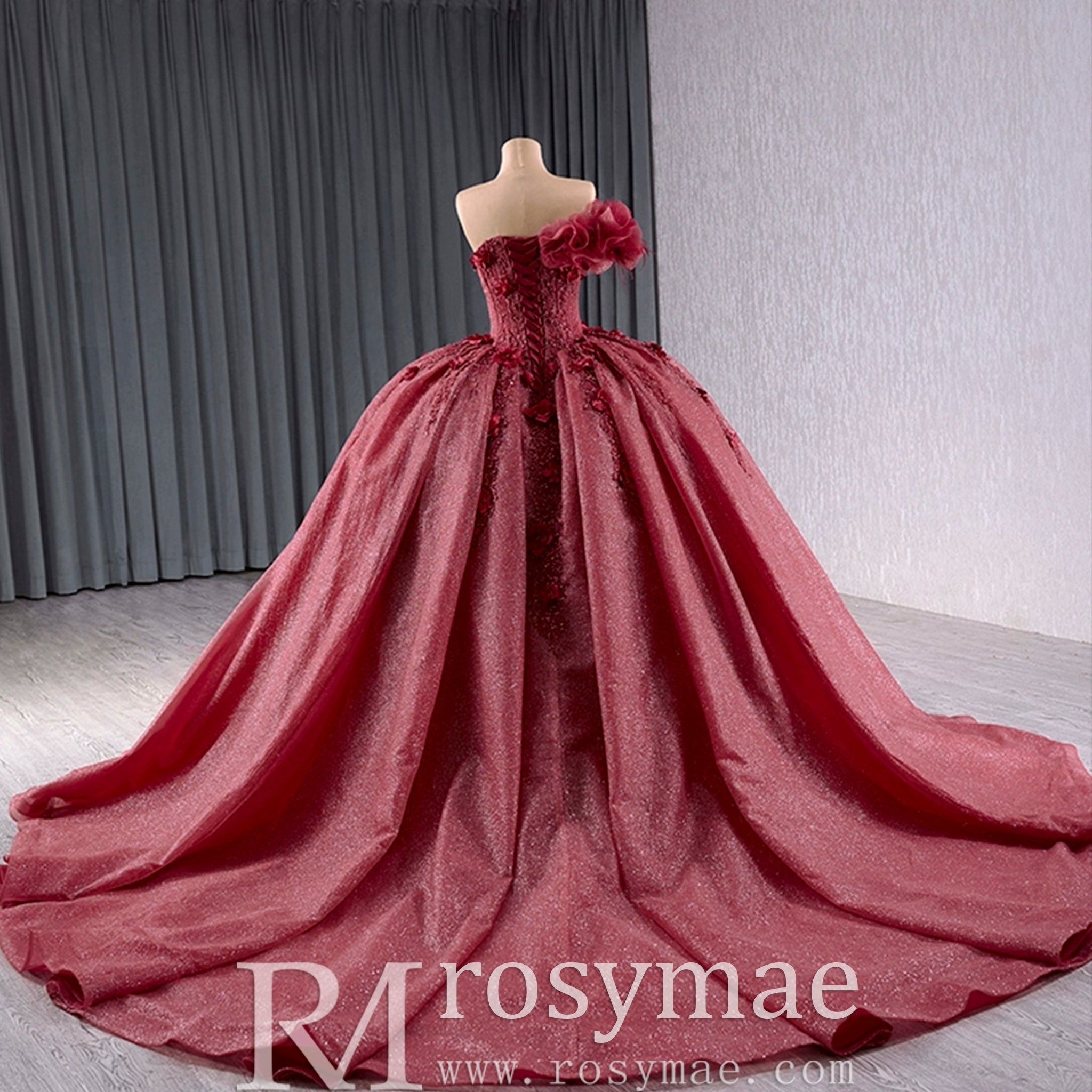 Sparkly Puffy Skirt Ball Gown Quinceanera Dress with 3D Flowers - Rosymae