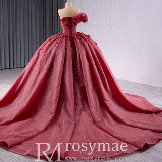 Sparkly Puffy Skirt Ball Gown Quinceanera Dress with 3D Flowers - Rosymae