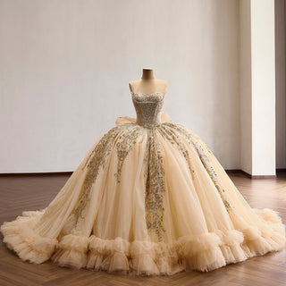 Sparkly Quinceañera Dress with Multi-Layered Back Bow & Voluminous Tiered Ruffles