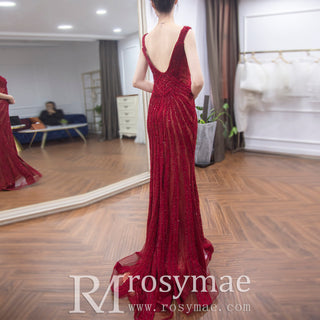 Sparkly Red Sequin Prom Dresses Mermaid V Neck Strapy Evening Dress