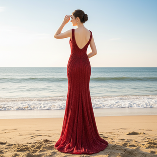 Sparkly Red Sequin Prom Dresses Mermaid V Neck Strapy Evening Dress