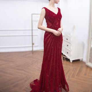 Sparkly Red Sequin Prom Dresses Mermaid V Neck Strapy Evening Dress