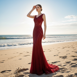 Sparkly Red Sequin Prom Dresses Mermaid V Neck Strapy Evening Dress