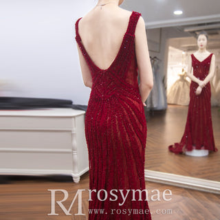 Sparkly Red Sequin Prom Dresses Mermaid V Neck Strapy Evening Dress
