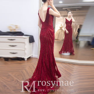 Sparkly Red Sequin Prom Dresses Mermaid V Neck Strapy Evening Dress