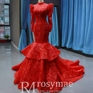 Sparkly Red Mermaid Lace Prom Dresses with Long Sleeves - Rosymae