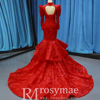 Sparkly Red Mermaid Lace Prom Dresses with Long Sleeves - Rosymae