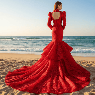 Sparkly Red Mermaid Lace Prom Dresses with Long Sleeves - Rosymae