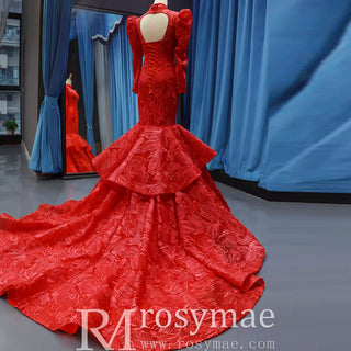 Sparkly Red Mermaid Lace Prom Dresses with Long Sleeves - Rosymae