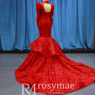 Sparkly Red Mermaid Lace Prom Dresses with Long Sleeves - Rosymae
