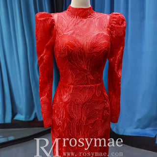 Sparkly Red Mermaid Lace Prom Dresses with Long Sleeves - Rosymae