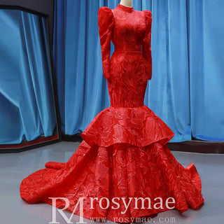 Sparkly Red Mermaid Lace Prom Dresses with Long Sleeves - Rosymae